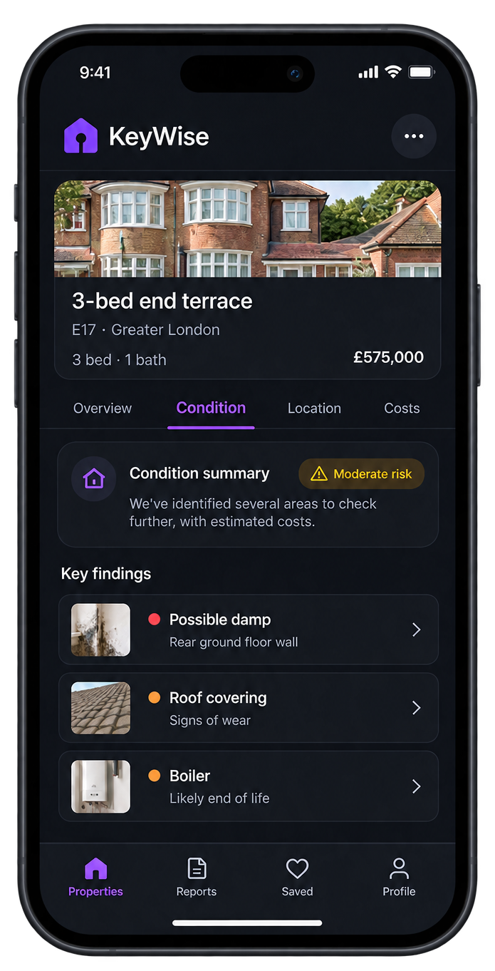 KeyWise app showing property condition risks for a three-bedroom home
